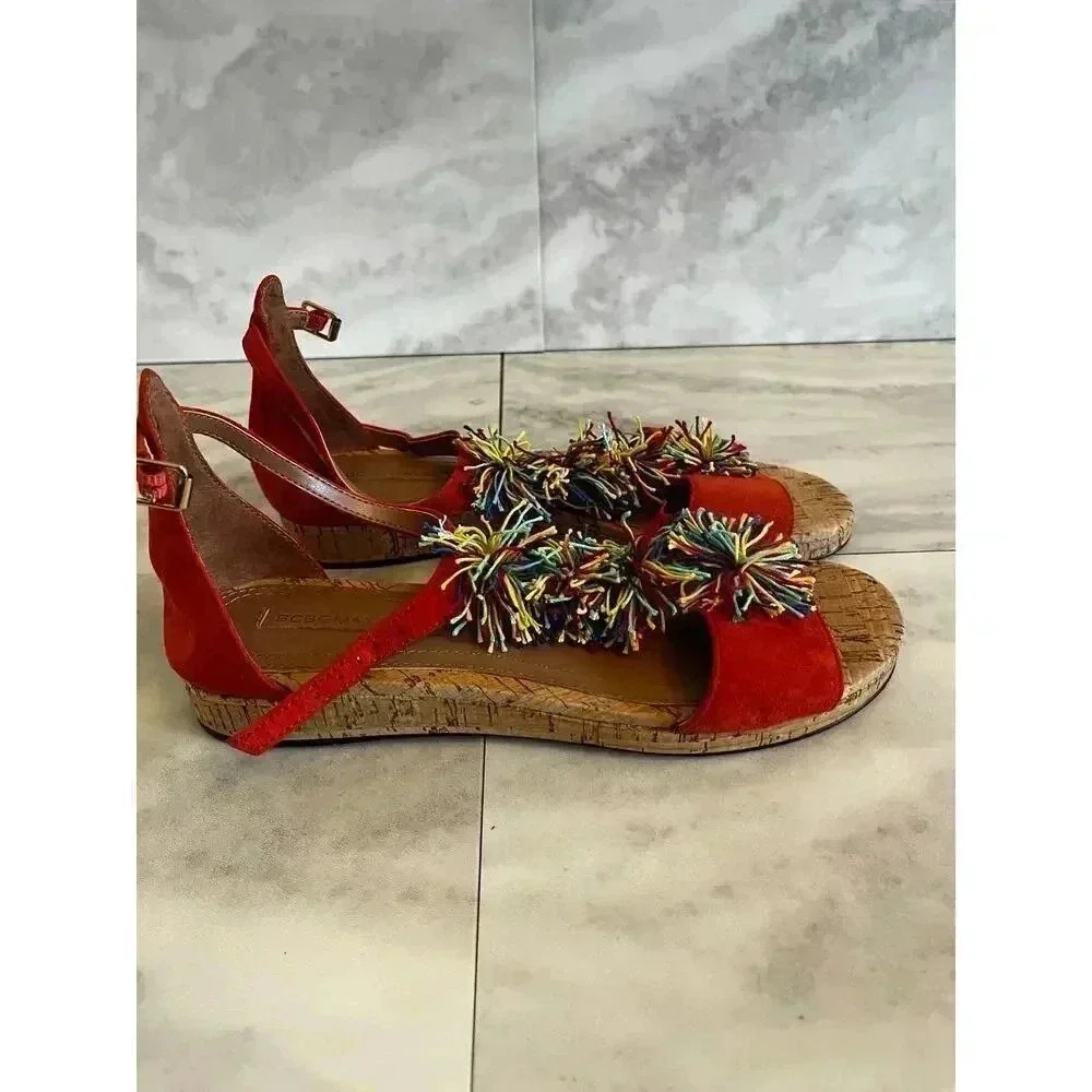 BCBGMaxAzria Orange Suede Pom Pom Sandals Women's Size 8.5